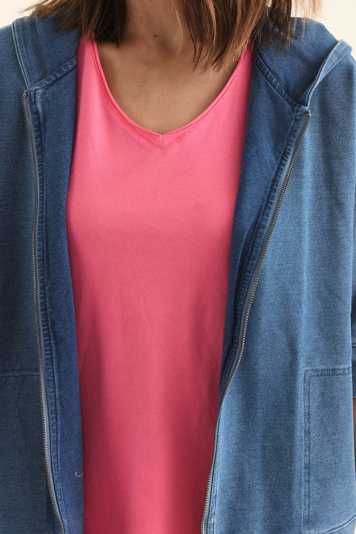 Tessa Vintage Blue Denim Hooded Sweatshirt,Detail,Brunette model,alt text|model:Cara