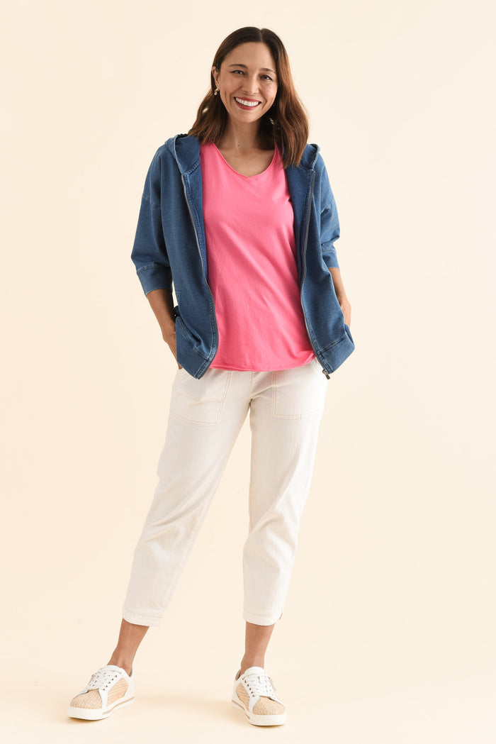 Tessa Vintage Blue Denim Hooded Sweatshirt,Full Body,Brunette model,alt text|model:Cara