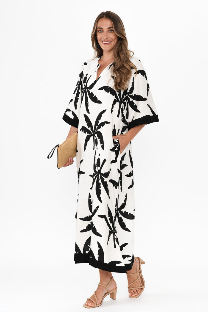 Tessie Black Tropical Linen Kaftan,Brunette model,alt text|model:Johanna