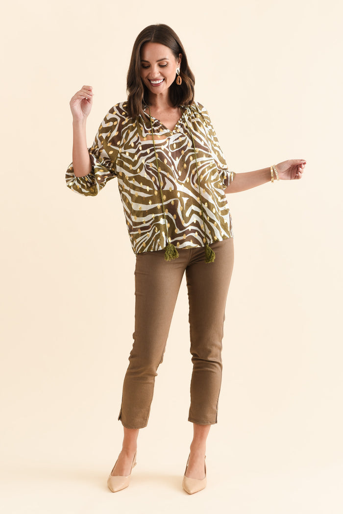 Theo Khaki Swirl Cotton Blend Blouse,Brunette model,alt text|model:MJ