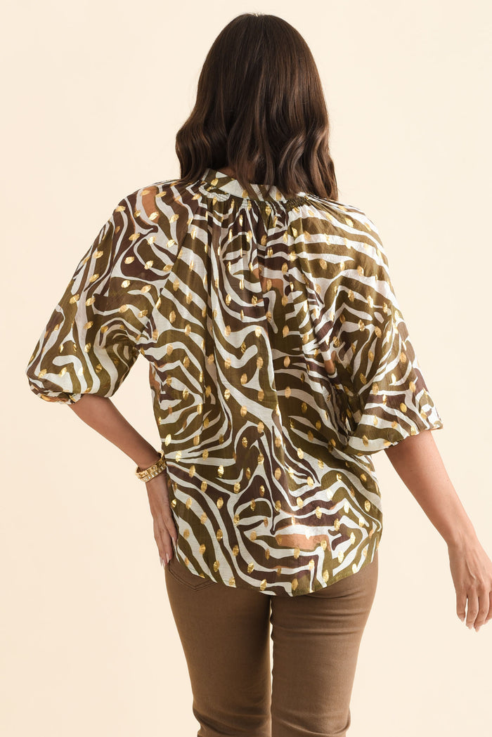 Theo Khaki Swirl Cotton Blend Blouse,Brunette model,alt text|model:MJ