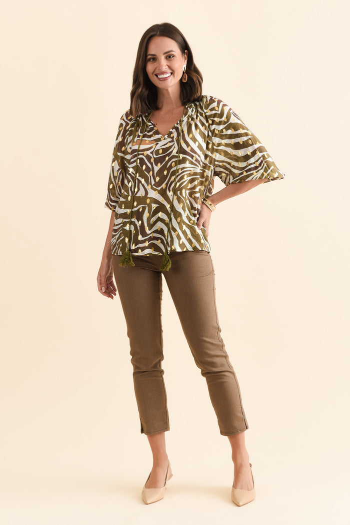Theo Khaki Swirl Cotton Blend Blouse,Brunette model,alt text|model:MJ