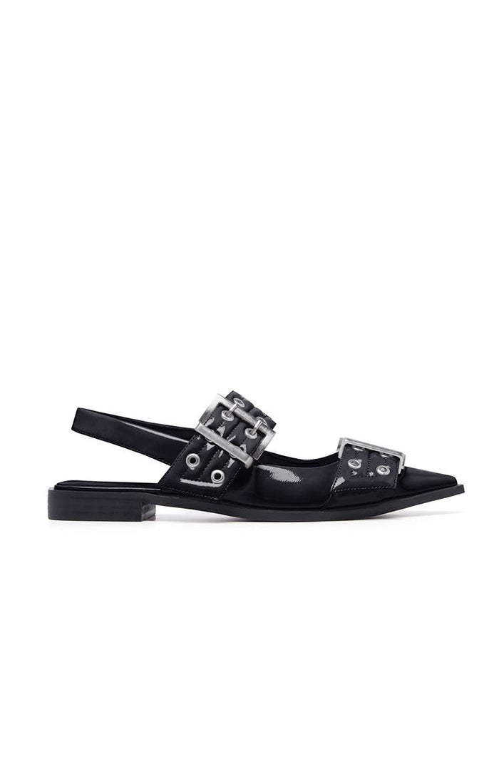 Side view of a black patent pointed flat with two buckled straps and a slingback