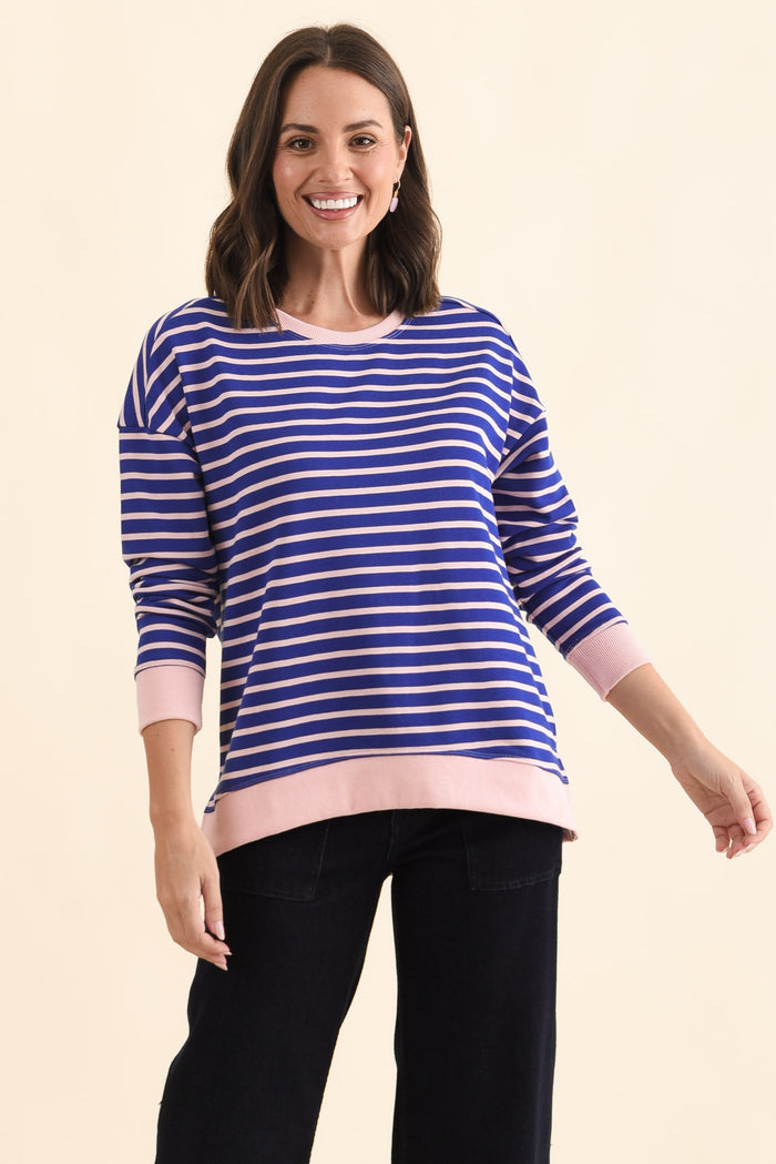 Tide Blue Stripe Cotton Blend Sweatshirt,Brunette model,alt text|model:MJ