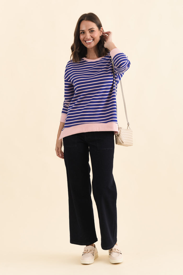 Tide Blue Stripe Cotton Blend Sweatshirt,Brunette model,alt text|model:MJ