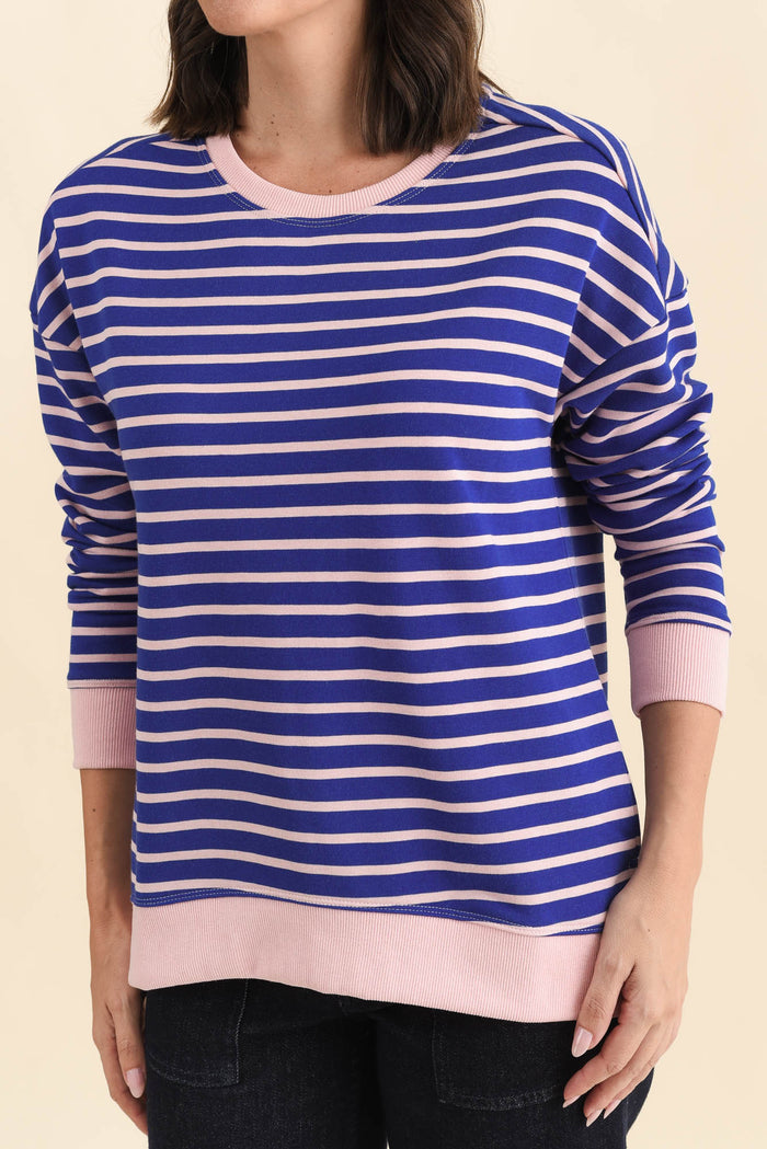 Tide Blue Stripe Cotton Blend Sweatshirt,Brunette model,alt text|model:MJ