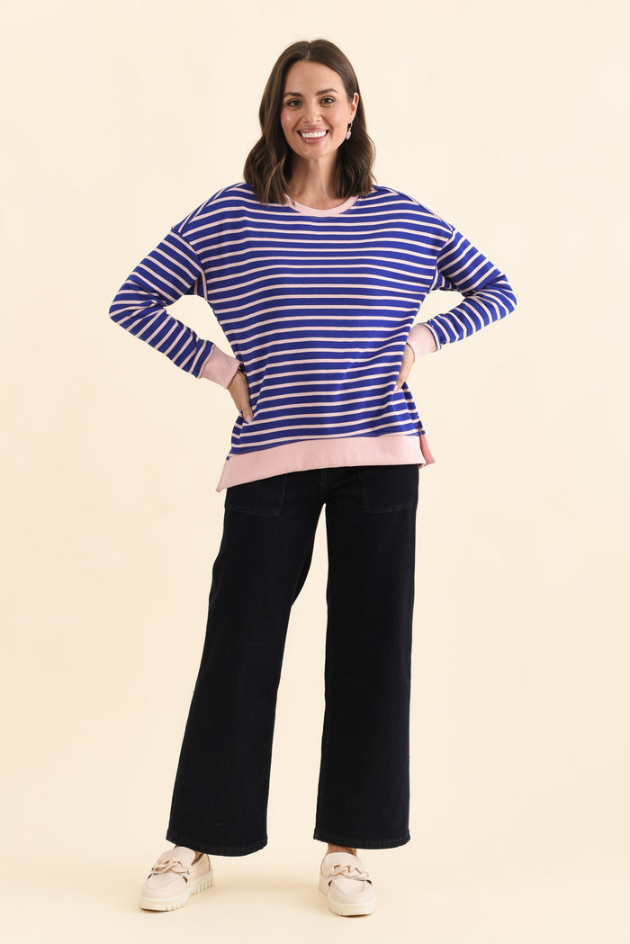 Tide Blue Stripe Cotton Blend Sweatshirt,Brunette model,alt text|model:MJ