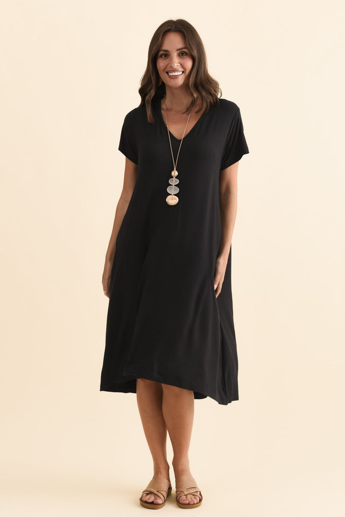 Tiffany Black Bamboo Tee Dress,Brunette model,alt text|model:MJ