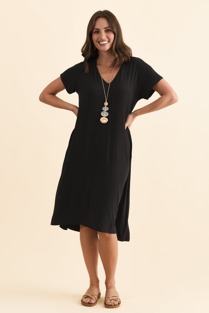 Tiffany Black Bamboo Tee Dress,Brunette model,alt text|model:MJ