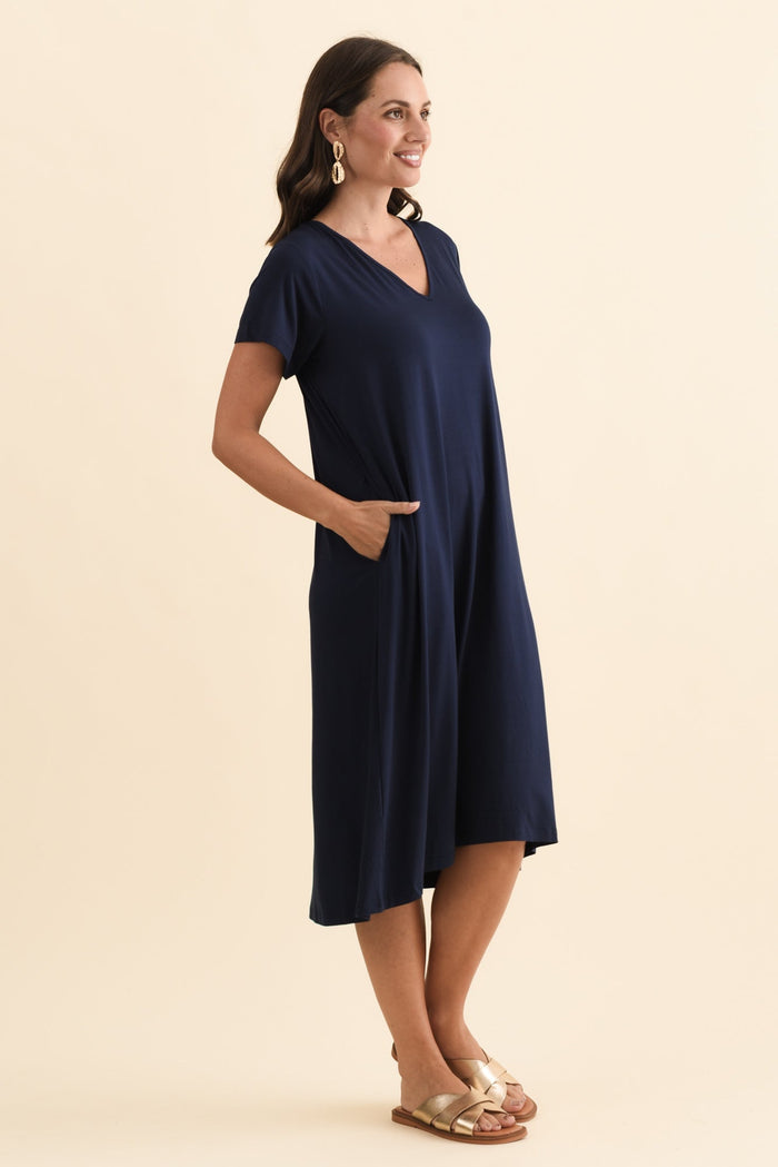 Tiffany Navy Bamboo Tee Dress,Brunette model,alt text|model:MJ