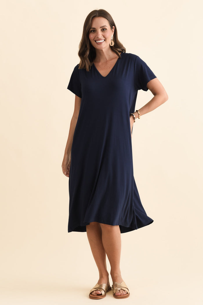 Tiffany Navy Bamboo Tee Dress,Brunette model,alt text|model:MJ