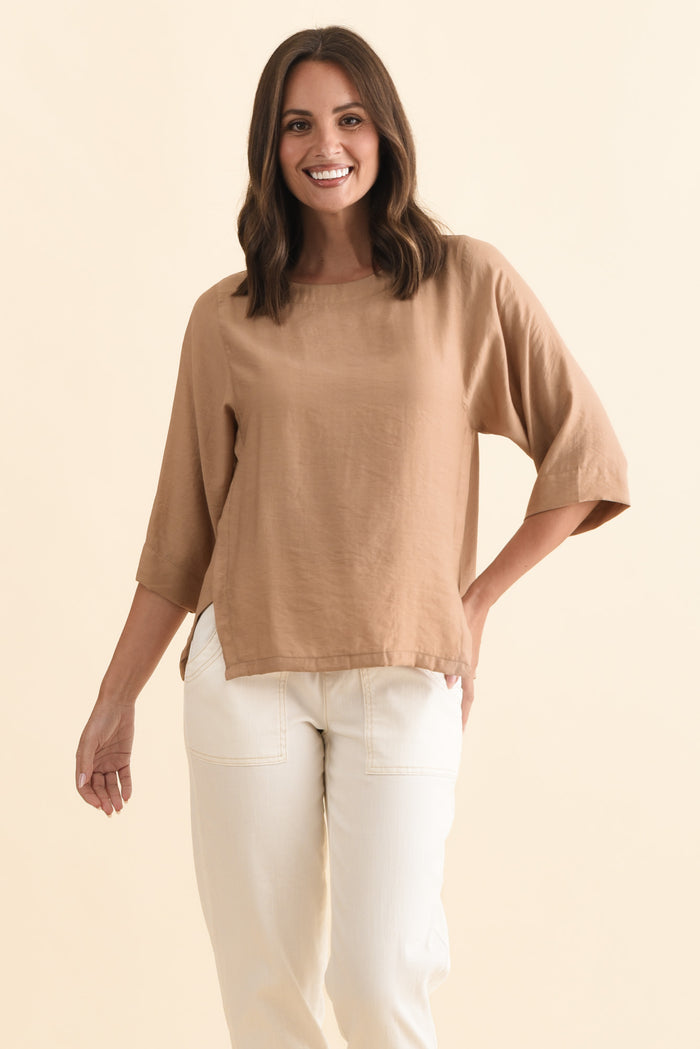 Tommy Taupe Side Split Top,Brunette model,alt text|model:MJ
