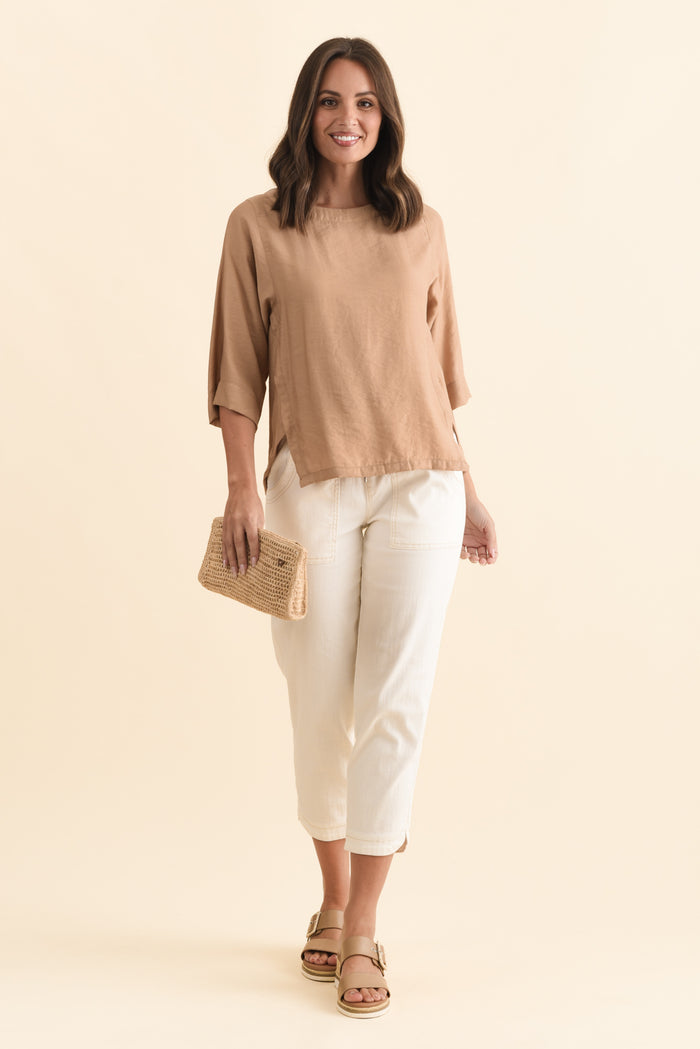 Tommy Taupe Side Split Top,Brunette model,alt text|model:MJ