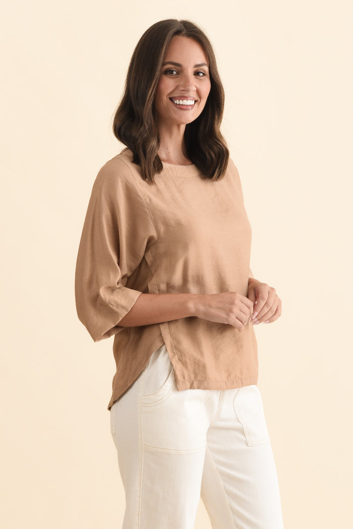 Tommy Taupe Side Split Top,Brunette model,alt text|model:MJ