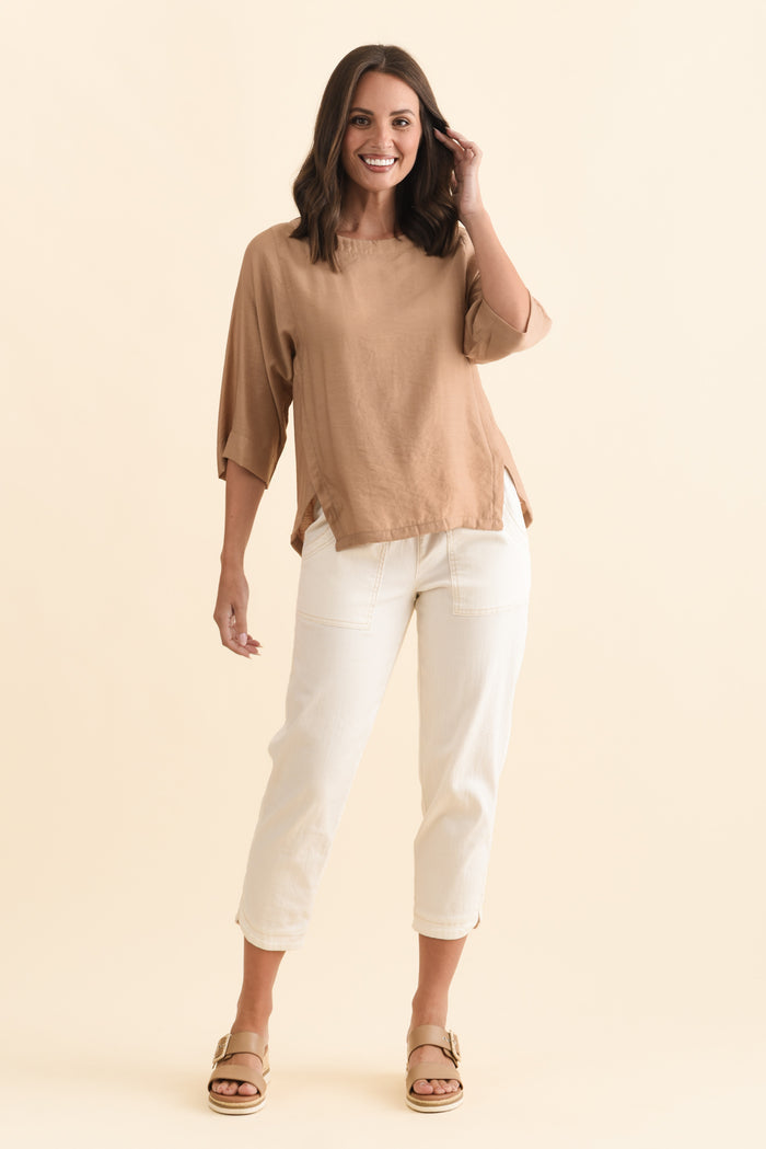 Tommy Taupe Side Split Top,Brunette model,alt text|model:MJ
