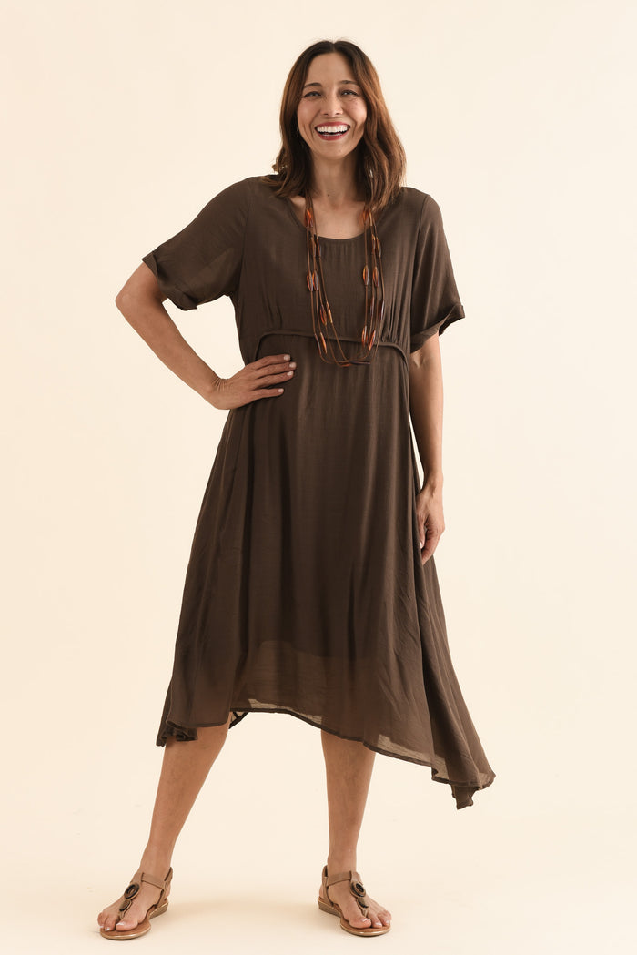 Toria Chocolate Crescent Dress,Front,Brunette model,alt text|model:Cara