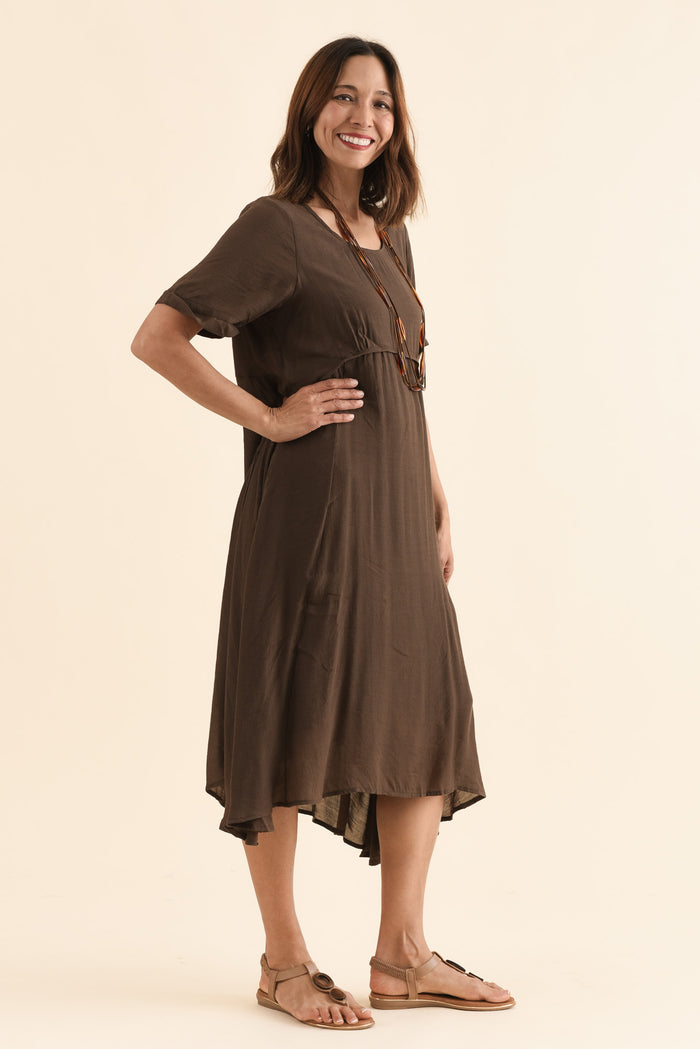 Toria Chocolate Crescent Dress,Side,Brunette model,alt text|model:Cara