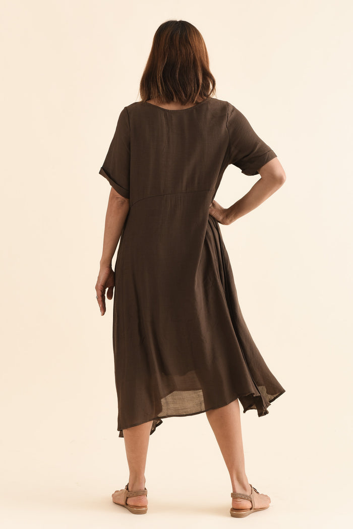 Toria Chocolate Crescent Dress,Back,Brunette model,alt text|model:Cara