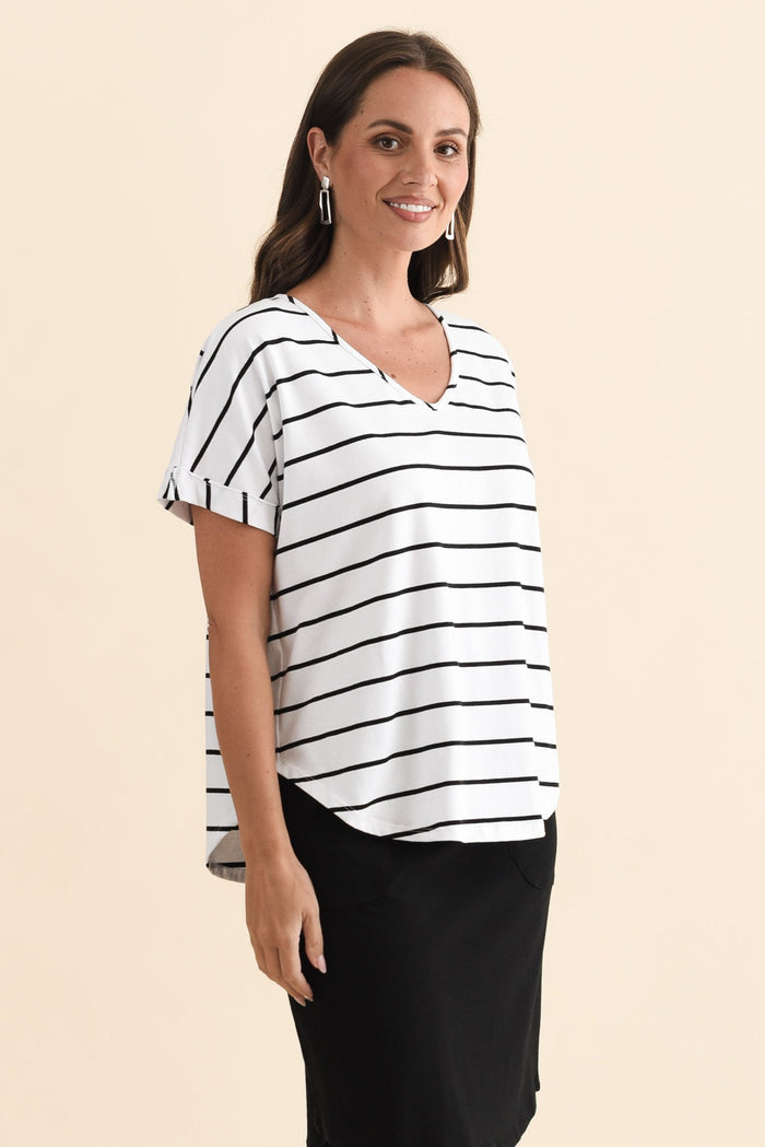 Toronto White Stripe Cotton Tee,Brunette model,alt text|model:MJ