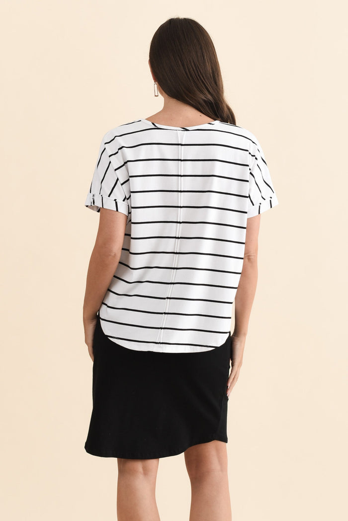 Toronto White Stripe Cotton Tee,Brunette model,alt text|model:MJ