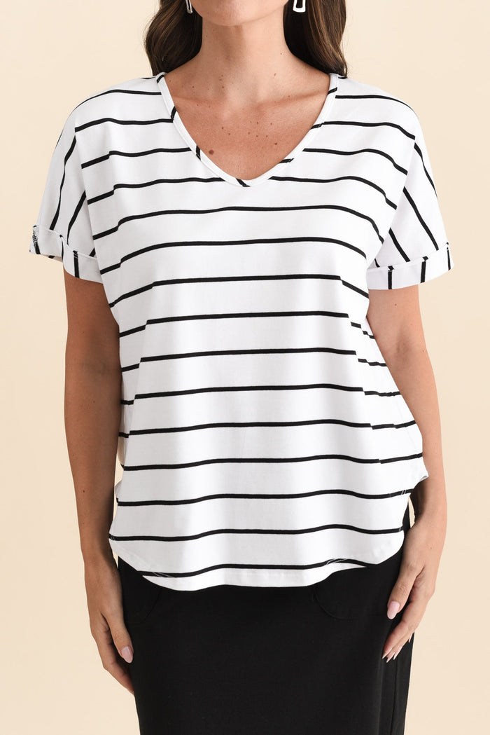 Toronto White Stripe Cotton Tee,Brunette model,alt text|model:MJ