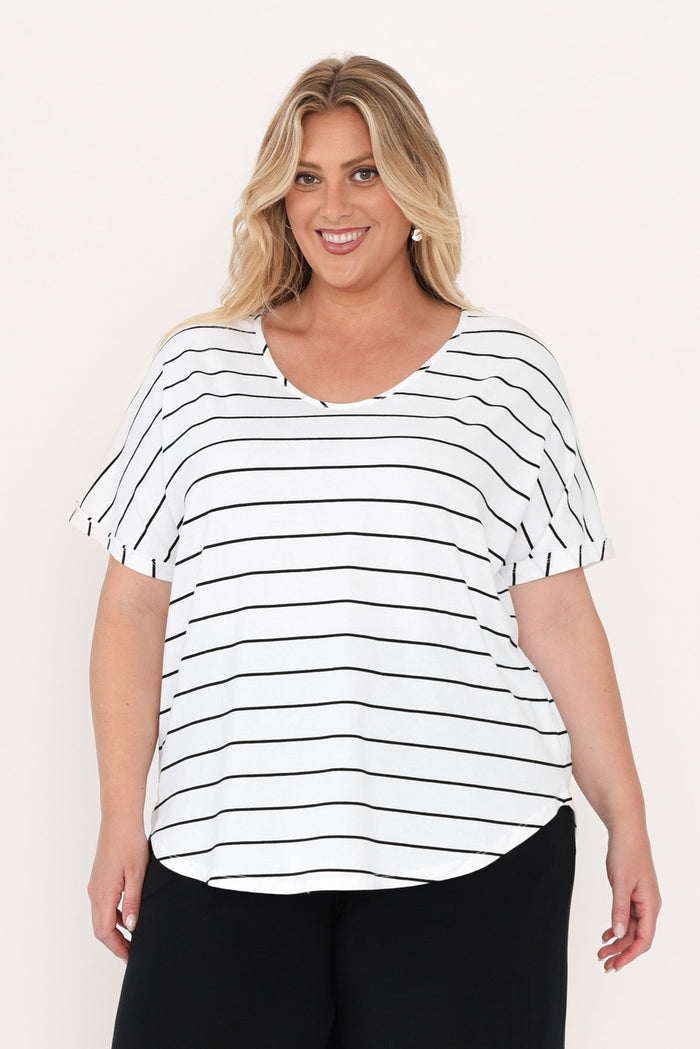 Toronto White Stripe Cotton Tee,Blonde model,alt text|model:Caitlin