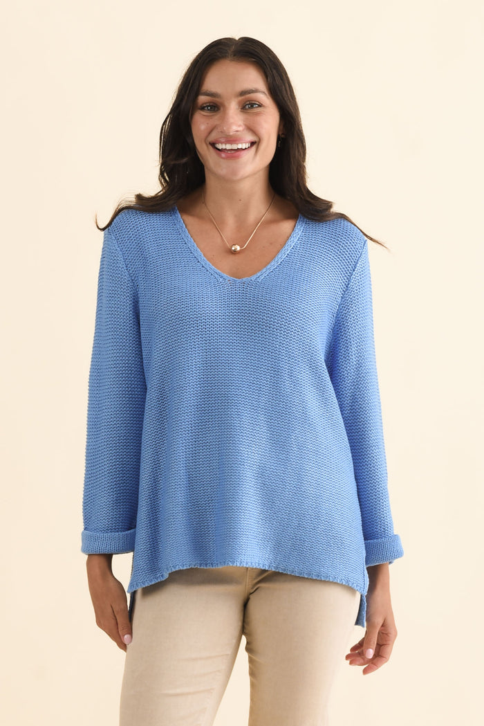 Toulouse Blue Cotton Jumper,Brunette model,alt text|model:Brontie