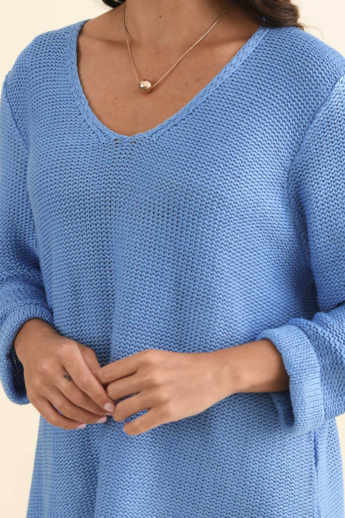 Toulouse Blue Cotton Jumper,Brunette model,alt text|model:Brontie