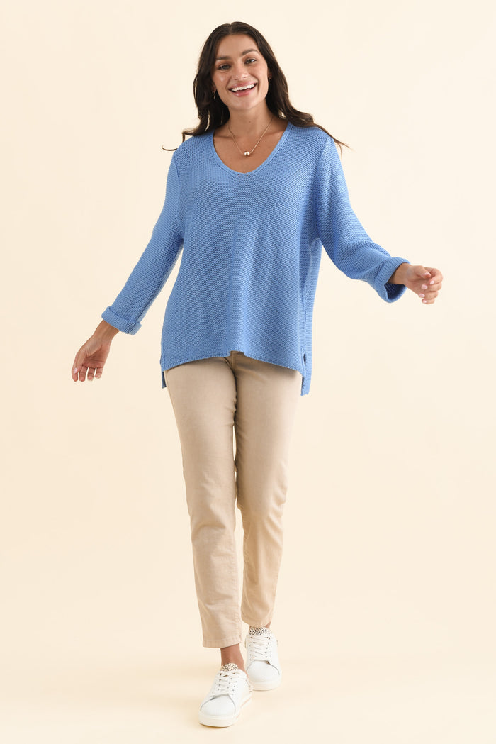 Toulouse Blue Cotton Jumper,Brunette model,alt text|model:Brontie