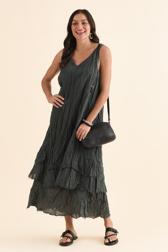 Toya Charcoal Crinkle Cotton Layer Dress,Front,Brunette model,alt text|model:Brontie