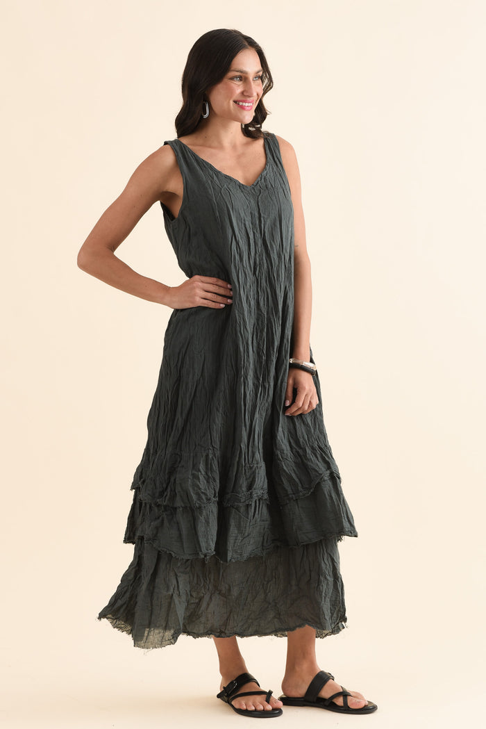 Toya Charcoal Crinkle Cotton Layer Dress,Side,Brunette model,alt text|model:Brontie