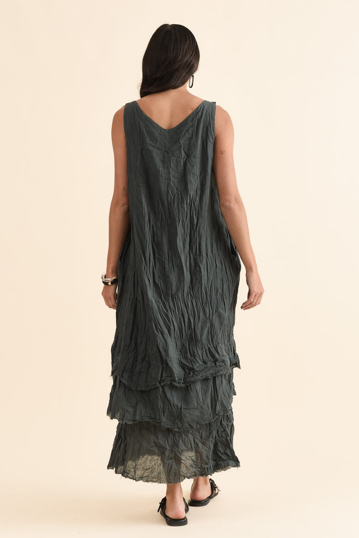 Toya Charcoal Crinkle Cotton Layer Dress,Back,Brunette model,alt text|model:Brontie