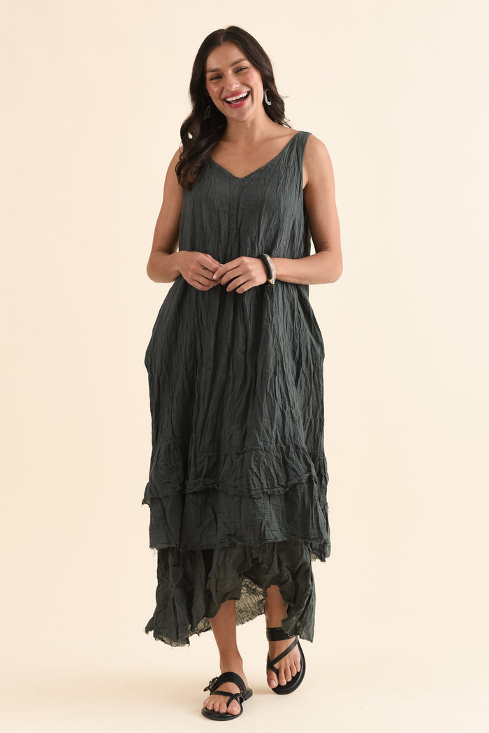 Toya Charcoal Crinkle Cotton Layer Dress,Full Body,Brunette model,alt text|model:Brontie