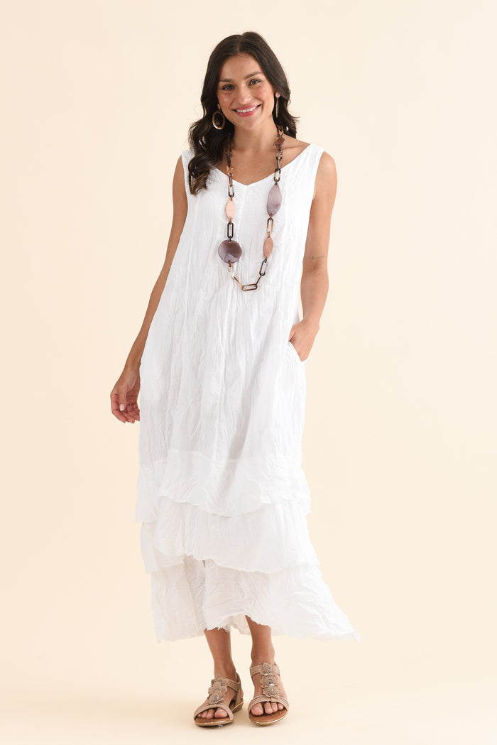 Toya White Crinkle Cotton Layer Dress,Front,Brunette model,alt text|model:Brontie