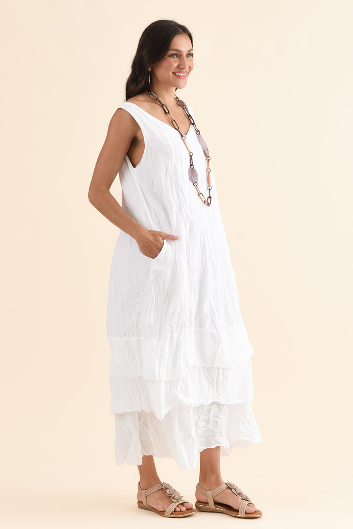 Toya White Crinkle Cotton Layer Dress,Side,Brunette model,alt text|model:Brontie