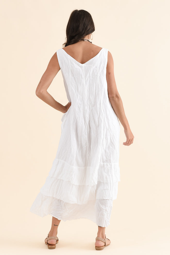 Toya White Crinkle Cotton Layer Dress,Back,Brunette model,alt text|model:Brontie