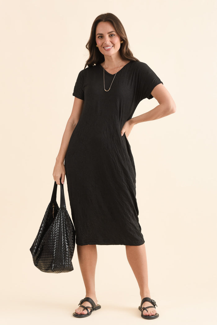 Travel No-Iron Black Maxi Dress,Front,Brunette model,alt text|model:MJ