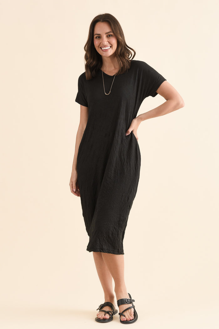 Travel No-Iron Black Maxi Dress,Full Body,Brunette model,alt text|model:MJ