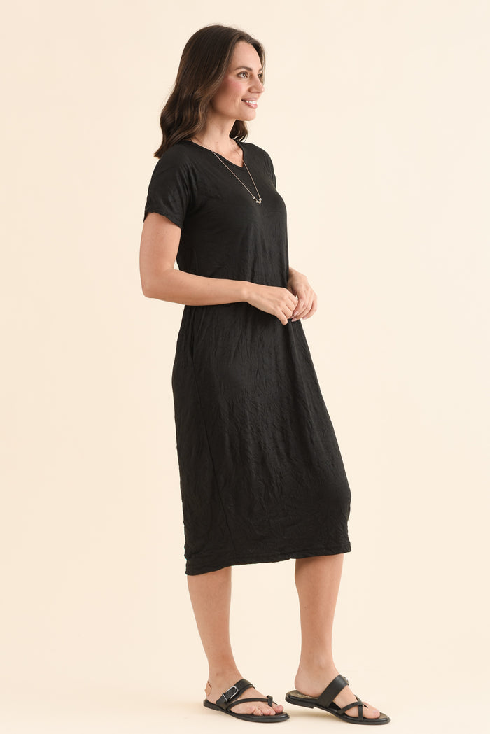 Travel No-Iron Black Maxi Dress,Side,Brunette model,alt text|model:MJ