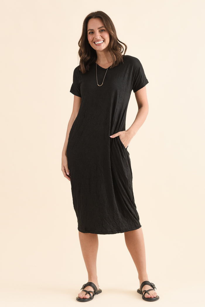 Travel No-Iron Black Maxi Dress,Full Body,Brunette model,alt text|model:MJ