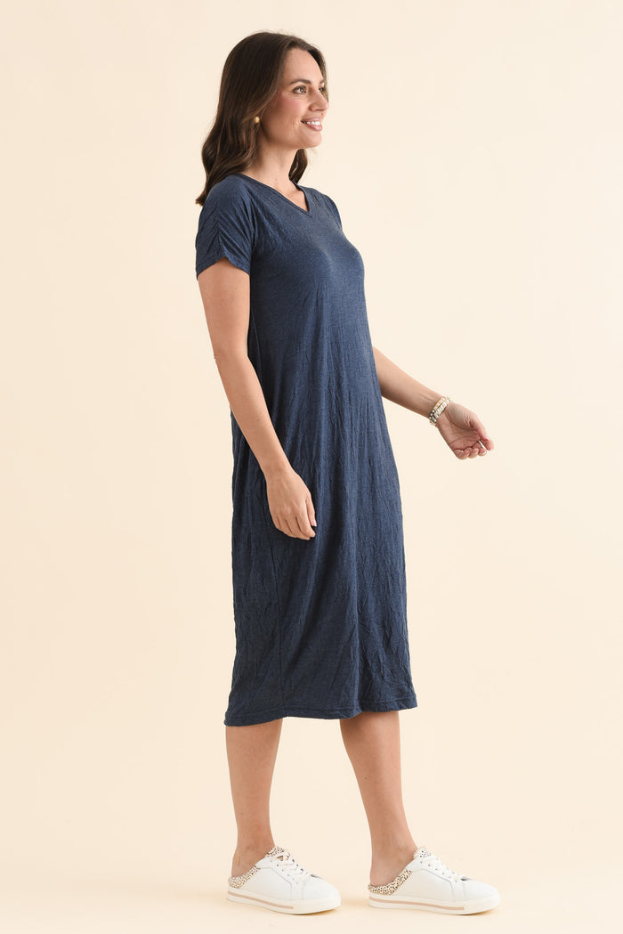 Travel No-Iron Blue Denim Maxi Dress,Side,Brunette model,alt text|model:MJ