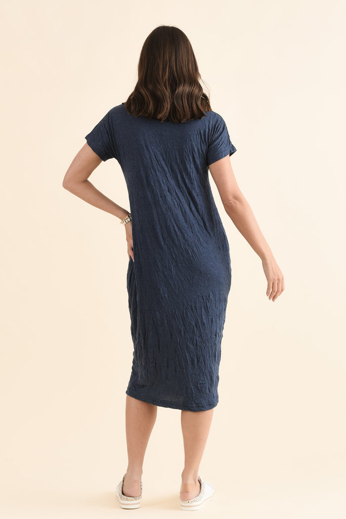 Travel No-Iron Blue Denim Maxi Dress,Back,Brunette model,alt text|model:MJ