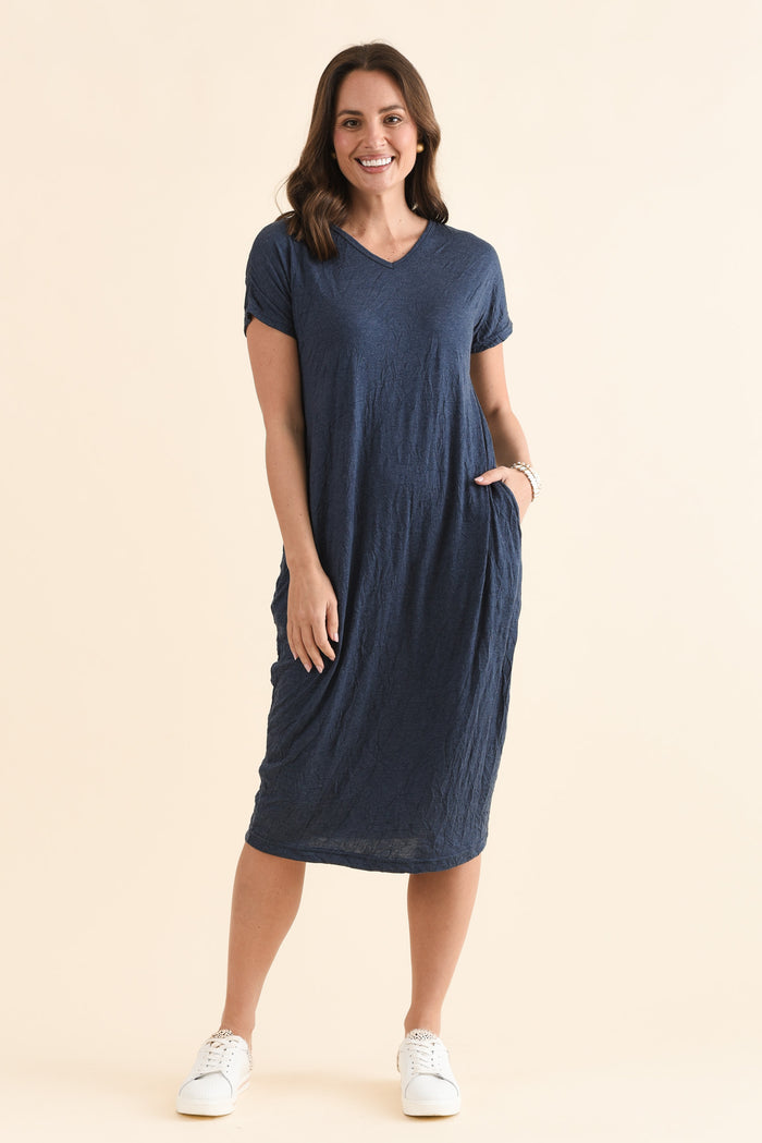 Travel No-Iron Blue Denim Maxi Dress,Full Body,Brunette model,alt text|model:MJ