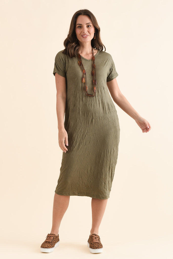 Travel No-Iron Khaki Denim Maxi Dress,Front,Brunette model,alt text|model:MJ