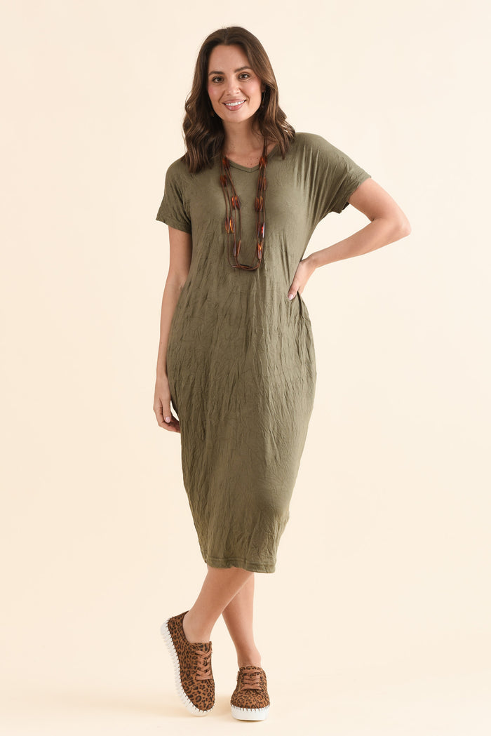 Travel No-Iron Khaki Denim Maxi Dress,Front,Brunette model,alt text|model:MJ