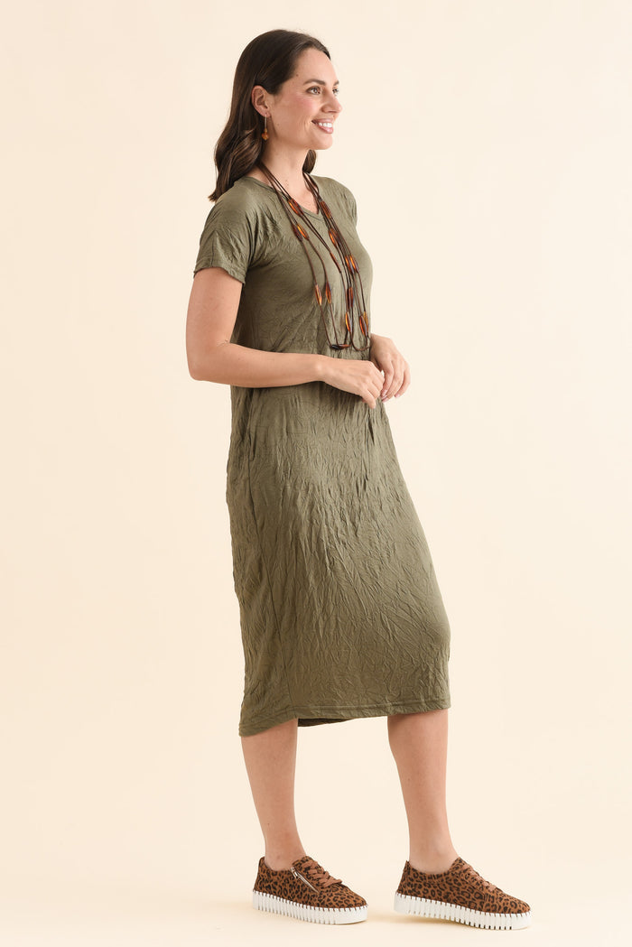 Travel No-Iron Khaki Denim Maxi Dress,Side,Brunette model,alt text|model:MJ