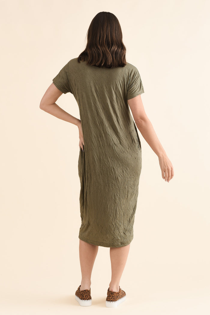 Travel No-Iron Khaki Denim Maxi Dress,Back,Brunette model,alt text|model:MJ