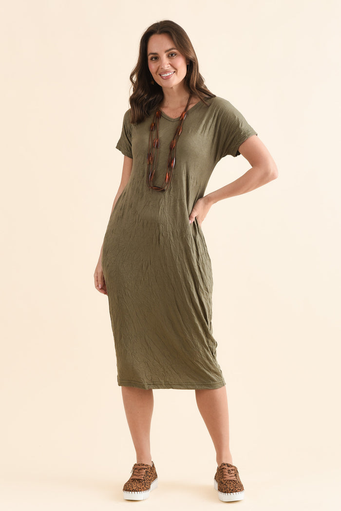 Travel No-Iron Khaki Denim Maxi Dress,Front,Brunette model,alt text|model:MJ