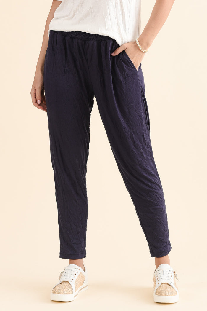 Travel No-Iron Navy Cropped Pants,Front,Brunette model,alt text|model:MJ