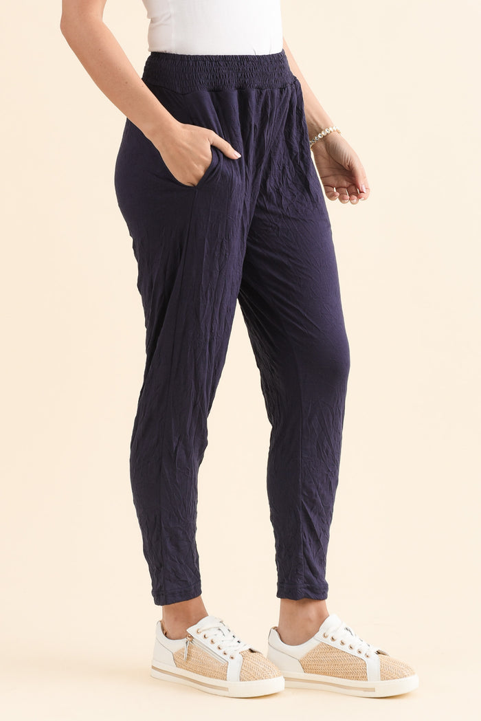Travel No-Iron Navy Cropped Pants,Side,Brunette model,alt text|model:MJ